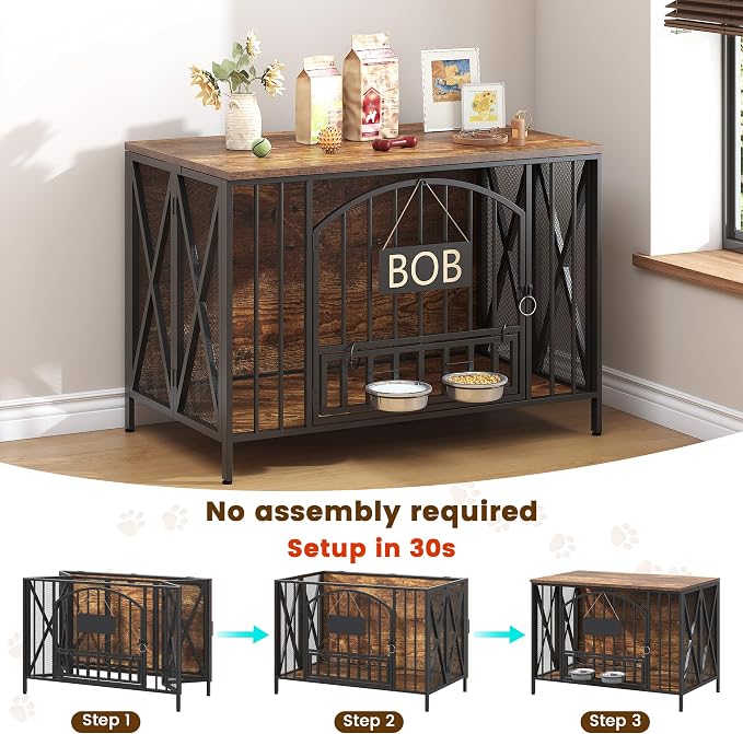 BOINN 41.3" Dog Crate Furniture Foldable, No Assembly Decorative Dog Kennel Indoor, Wooden Dog Crates with 360° Rotating Bowls and Name Tag, Rustic End Table for Medium/Large Dogs