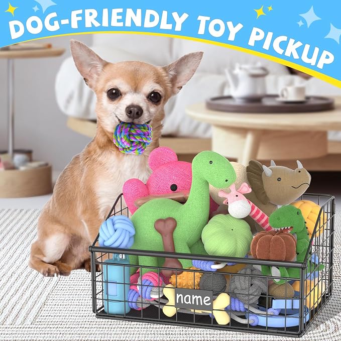Kaiferty Indestructible Dog Toy basket, Small Toy Box for Dogs, Pet Toy Bin Dog Metal Basket for Toys, Toy Storage Organizer, Cat Toy Box for Living Room Area(Black)
