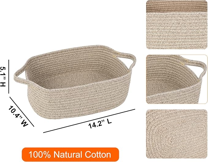 BOMINICA Cotton Rope Storage Basket with Handles, Natural Woven Basket, Decorative Rectangle Organizer Bin for Home, Nursery, Montessori, Pet Toy Storage and Bathroom Organization, LightBrown