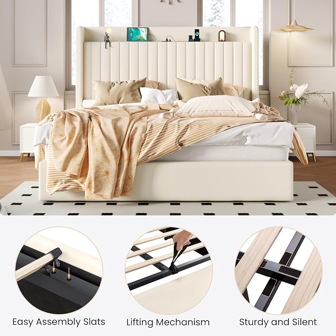 SHA CERLIN Full Size Lift Up Storage Bed Frame, Charging Station, Cream | Storage Headboard with Charging Station, USB, Type-C Port Velvet Hydraulic Storage Bed No Box Spring Needed Noise Free