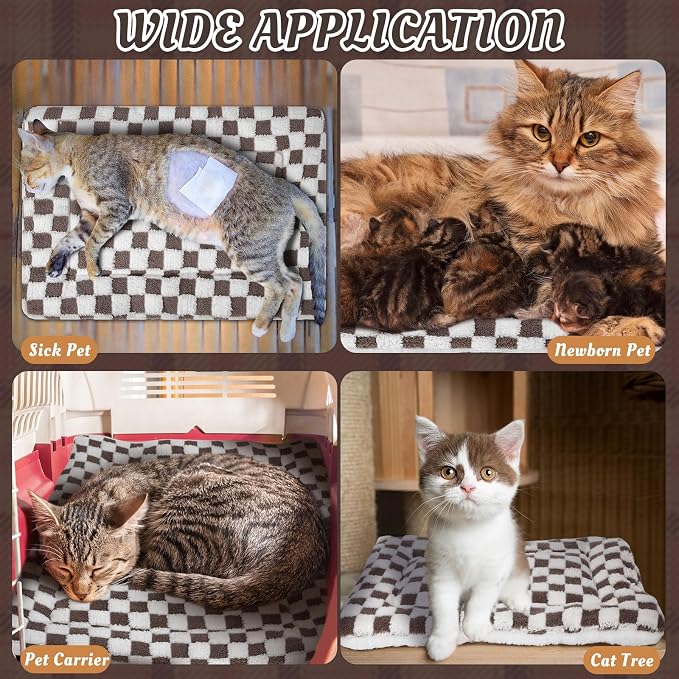2 Pack Self Warming Cat Mat Self Heating Pad Bed Reversible Machine Washable Reflects Body Heat Warm Thermal Pet Pad Crate Blanket for Feral and Indoor Cat(Dark Brown,21" X 14",Plaid)