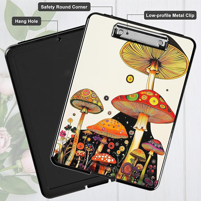 Heavy Duty Storage Clipboard, Slim Nursing Clipboard with Internal Pen Case, Portable File Organizer Case for A4 Letter Size Paper Office Medical Professionals, Mushroom Painting