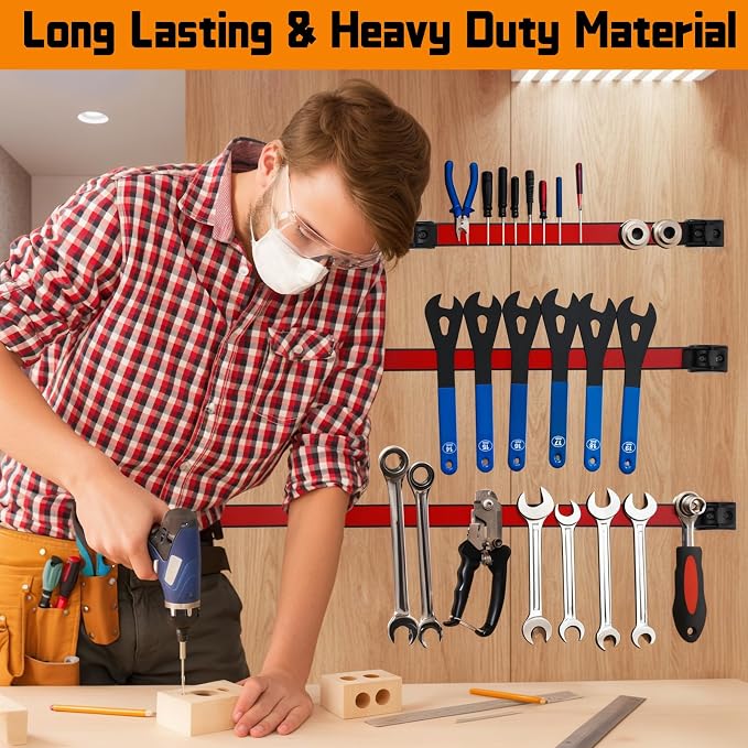 18" Magnetic Tool Holder Strip, 6 Pieces Red Metal Tool Organizer Rack with Stainless Steel Surface, Magnet Bar for Garage Workshop, Easy To Install with Mounting Screws