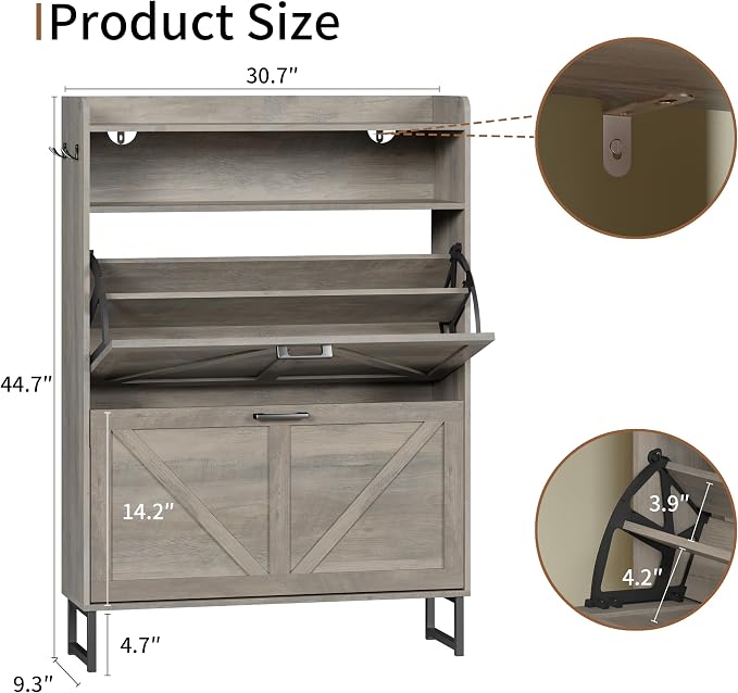 Xixini Shoe Storage Cabinet with 2 Flip Drawers, Entryway Shoe Rack, Grey | Freestanding Narrow Shoe Storage, Hidden Slim Wood Shoe Organizer, Modern Farmhouse, Open Storage & Hooks for Closet, Hallway