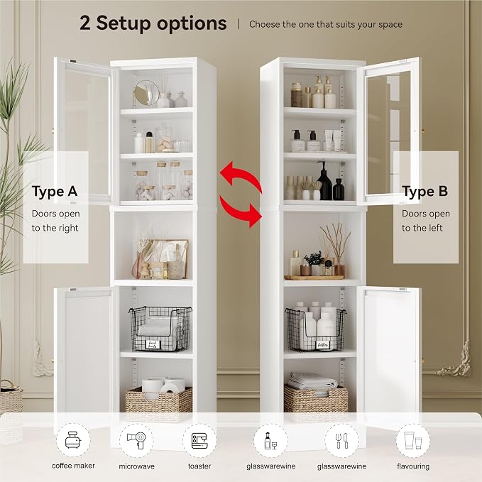 YAUWOH Metal Storage Cabinet with Glass Door, Tall Slim Pantry Organizer with 3 Adjustable Shelves (120LBS/Shelf), Anti-Tipping Waterproof Cabinet for Kitchen/Home Office/Small Spaces,(1PC,White)