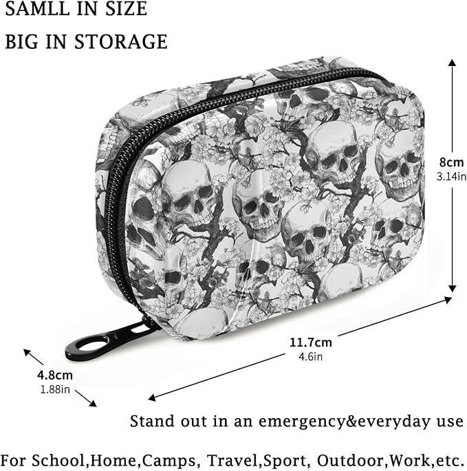 Fustylead Skulls and Cherry Flowers Travel Pill Organizer Bag with Zipper Small Pill Box 7 Day Pill Case for Purse Storage Weekly Vitamin Medicine Supplement