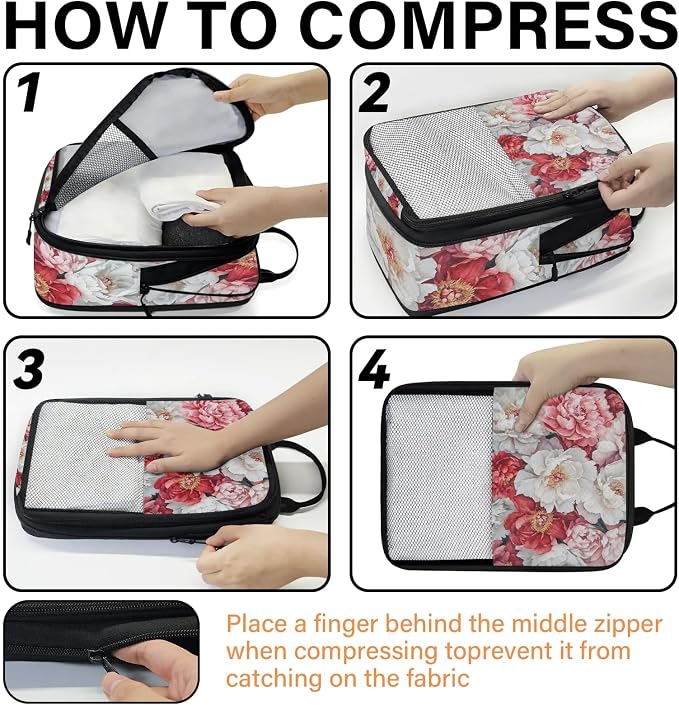 Flower 6 Set Compression Packing Cubes Floral Expandable Packing Organizer for Travel Accessories Luggage Suitcase Bag