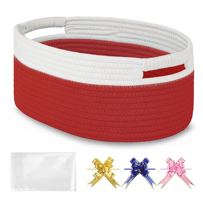 Small Woven Gift Basket with Bag & Ribbons, Red | Cotton Rope, 13”x 9”x 5.5”, Fits for Kids, Women & Men, Bedroom, Living Room, Nursery & Bathroom Storage, Cat & Dog Toy Boxes