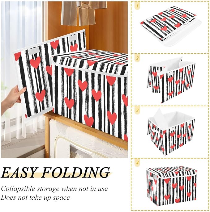 Love Stripes Storage Bin Foldable Collapsible Fabric with Lid Handles 40L | Decorative Storage Boxes, 300D Oxford Cloth, Hollow Board Frame, Flip Top Velcro Lid, 16.5x12.6x11.8 inch, Collapsible Design