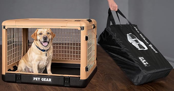 Pet Gear The Other Door 4 Door Steel Crate for Dogs/Cats, 36", Sand Dune | Garage-Style Door, Includes Plush Bed & Travel Bag, No Tools Required