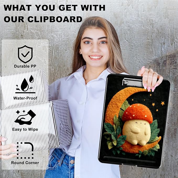 Heavy Duty Storage Clipboard, Slim Nursing Clipboard with Internal Pen Case, Portable File Organizer Case for A4 Letter Size Paper Office Medical Professionals, Orange Moon Mushroom