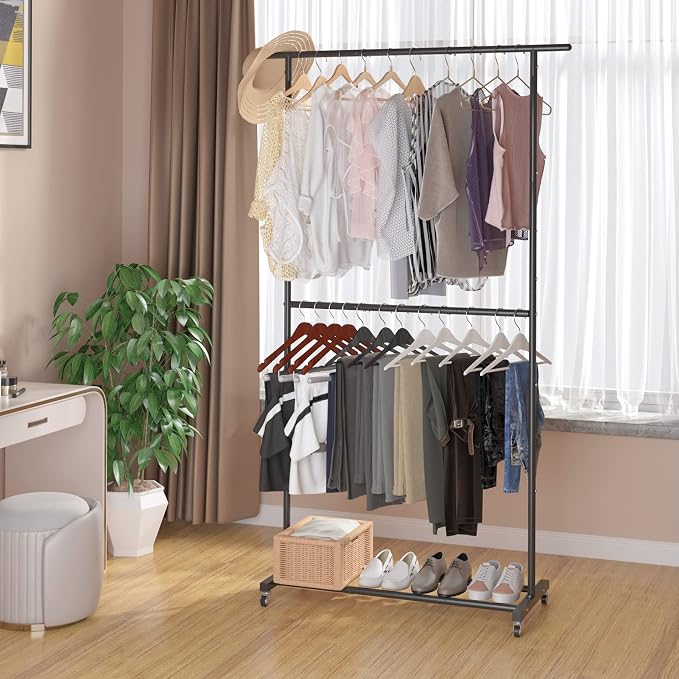 Sywhitta Double Rod Clothing Garment Rack, Rolling Clothes Organizer on Wheels for Hanging Clothes, Easy to Assemble, Adjustable, Black (Pack of 2)