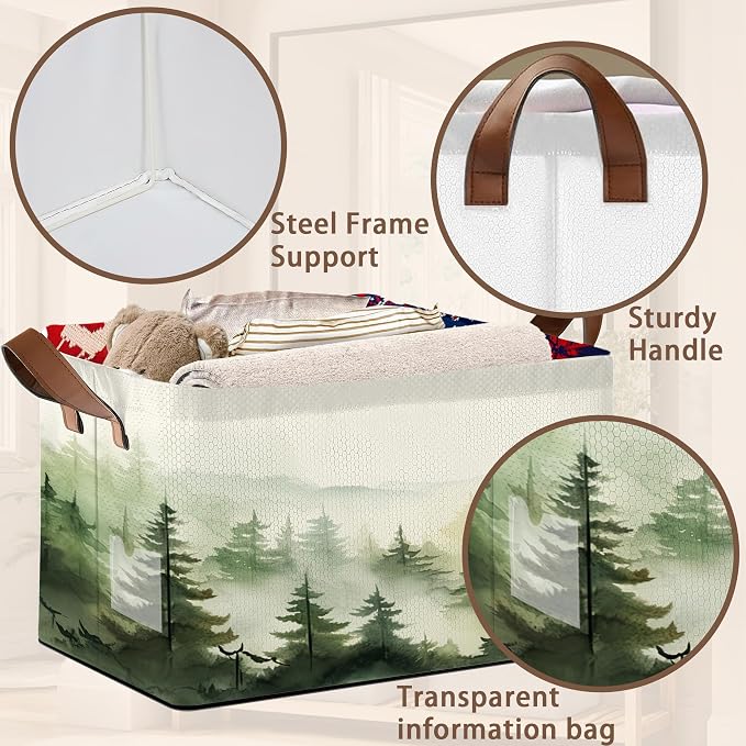 Woodland Mist Storage Basket Large 17x11.5x10.5 Inche-Collapsible Fabric Organizer Bin with Handles for Rustic Decor, Nursery, Cottage - Foldable Decorative Hamper with Foggy Forest Design-Single Pack