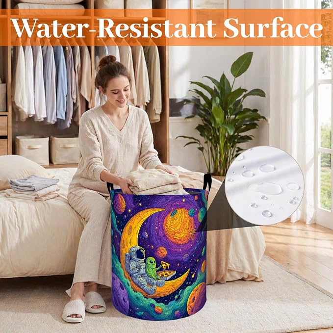Astronaut and Alien Laundry Basket, Cartoon Space Oxford Cloth Dirty Clothes Collapsible Hamper for Room Decor, Cosmic Lovers Gifts, Toy Organizer 19.7 x 15.7 Inches for Bedroom Bathroom Dorm