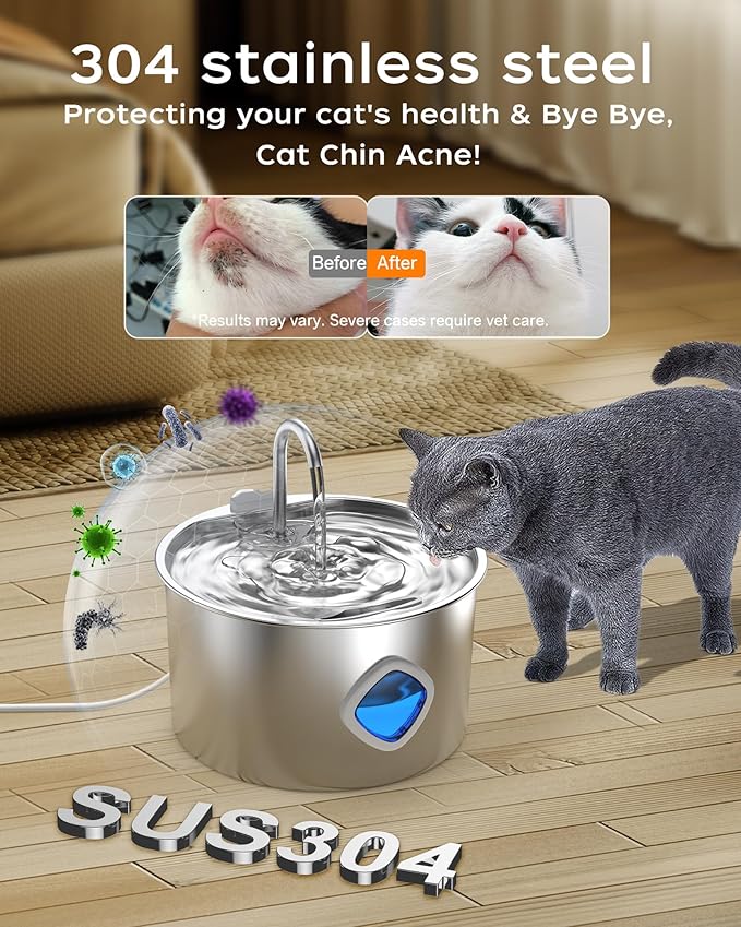 Cat Water Fountain Stainless Steel - 108oz/3.2L Pet Gift Dog Water Dispenser Automatic Silent Cats Dispenser for Drinking Indoor Metal Kitty Spout Fountains with 4 Filters + 4 sponges