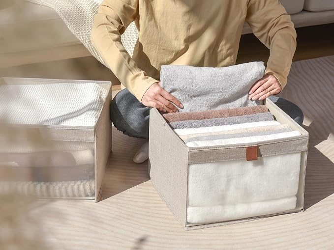StorageWorks Closet Storage Bins, Storage Baskets, Brown and Beige, 3-Pack | Clear Window for Visibility, Soft Leather Handle, Flip to Show/Hide, Breathable Fabric, Holds Coats, Towels, Blankets, Toys