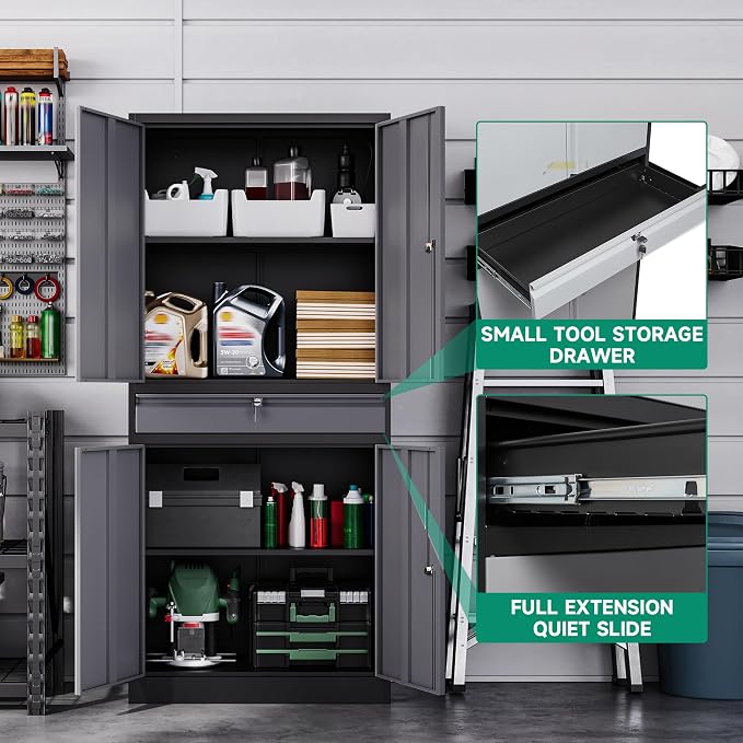 Metal Garage Storage Cabinet with Drawer,4 Door Tool Cabinet with Lock-2 Adjustable Shelves for Garage Home Office Utility Room (Black & Gray)