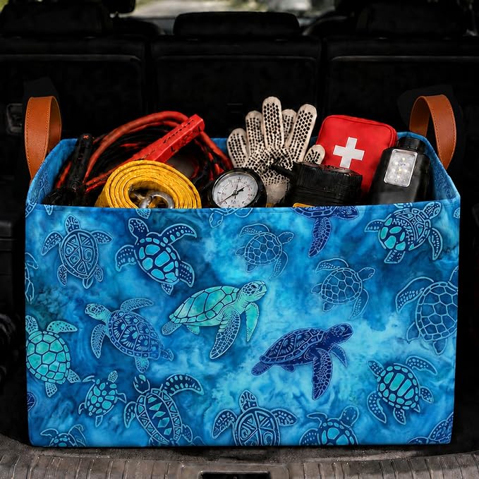 Sea Turtle Car Trunk Organizer 20L Fold Auto Storage Basket with Handles | Waterproof Reusable Shopping Grocery Bags for SUV Truck, Sea Turtle Cars Boot Organizer Gifts for Women Men Drivers