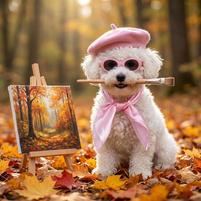 Dog Beret Set Including Dog Beret Satin Scarf Funny Glasses Pet French Artist Beanie for Small Dogs Cats Halloween Christmas Cosplay Party(Pink)