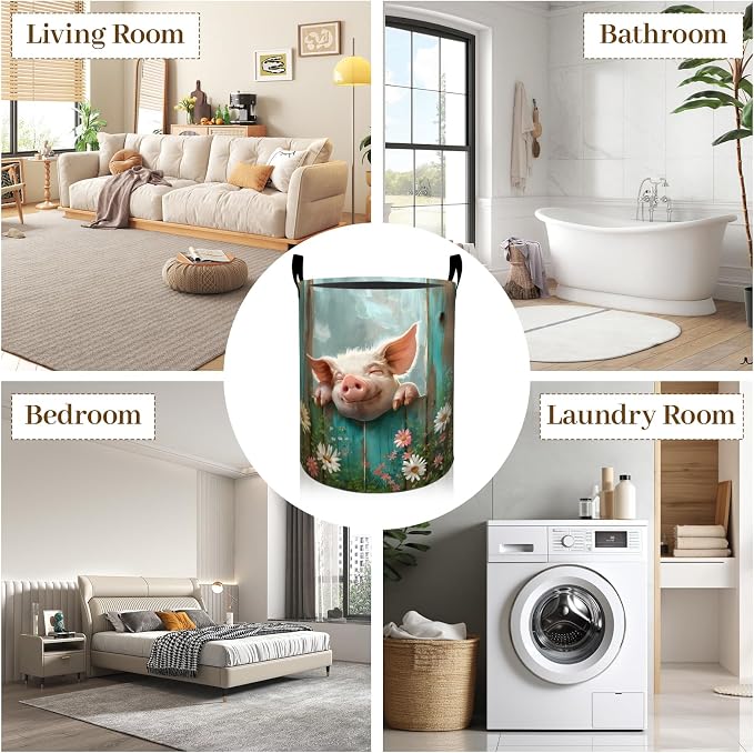 Cute Pig Laundry Basket, Rustic Daisy Floral Foldable Oxford Cloth, Waterproof Dirty Clothes Hamper with Handles, Clothing Storage Bin Toy Organizer for Bedroom Dorm Bathroom, 19.7"x15.7"