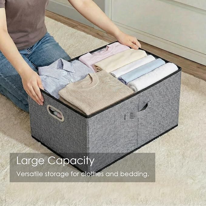 Storage Bins with Lids [3-Pack] Linen Fabric Foldable Storage Boxes Organizer Containers Baskets Cube with Cover for Bedroom Closet Office Grey(23.4X15.9X11.4)