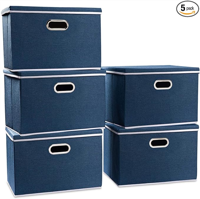 Large Collapsible Storage Bins with Lids [5-Pack] Fabric Foldable Storage Boxes Organizer Containers Baskets Cube with Cover for Home Bedroom Closet Office Royal Blue(17.7x11.8x11.8)