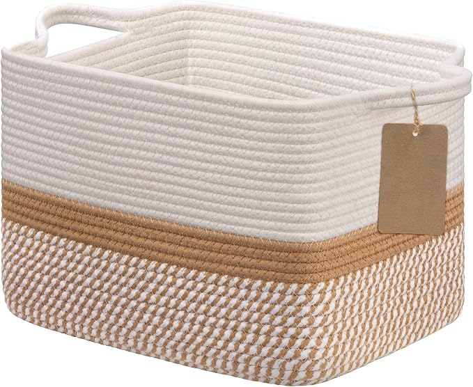 Goodpick Woven Rope Storage Basket for Shelves, White & Camel Mix | 13" × 10" × 9" Stylish Gift Basket for Home Decor, Cotton Rope Baskets for Toys & Magazines Storage, Reinforced Handles
