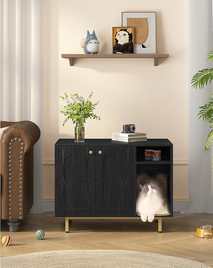 Hzuaneri Cat Litter Box Enclosure, Hidden Litter Box Furniture with Storage | Large Wooden Cabinet with Sisal Mat, Modern Cat Washroom for Living Room, Bedroom, Entryway, Black and Gold CB01504G