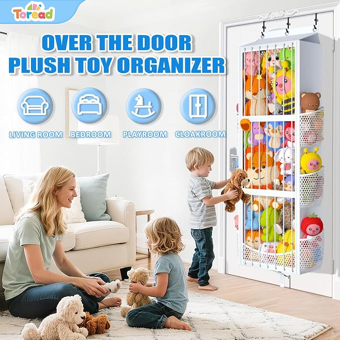 Large Capacity Over the Door Stuffed Animal Storage – Patent Elastic Rope Design Easy Store Plush Toy Stuff Animal Organizer Suitable for Kids Room Toy Holder Bedroom Hanging Stuffie Storage