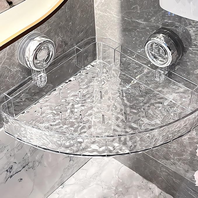 No Drill Clear Wall Caddy, 2024 New Wall Mounted Organizer Shelf Light Luxury Style Glacier Pattern Suction Cup Shelf, Drill Free Removable Caddy Shower Organizer (Grey, Rectangle)