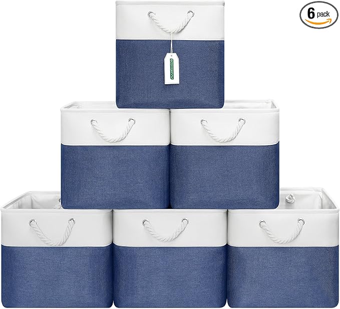ECDYQXVU 13x13x13 Inch Storage Cube Bins Foldable Organizer Baskets 6 Pack | Soft Cotton Handles, Premium EVA Fabric, Hard Cardboard Bottom, Sturdy Metal Rim, Closet Shelf, Living Room, Bedroom, Laundry
