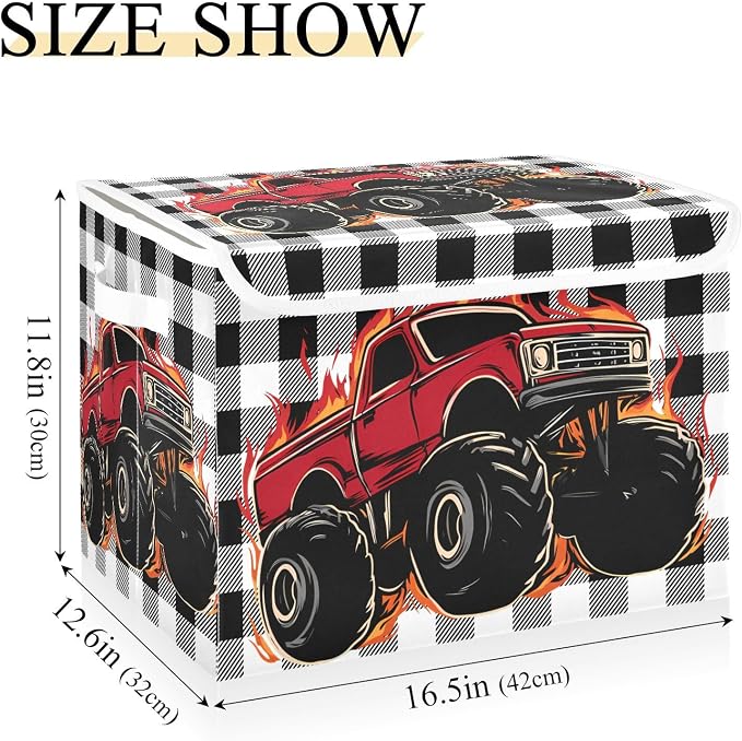 Red Truck Car Fabric Storage Bins with Lid Closet Storage Basket 40L | Decorative Storage Boxes, Foldable & Stackable, Dust-Proof Flip Top, Reinforced Handles, For Home & Dorm, Clothes & Toy Box