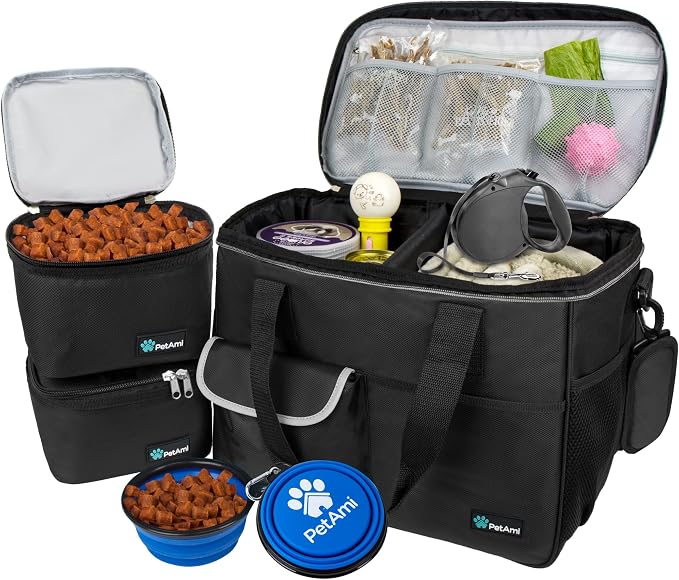 PetAmi Dog Travel Bag Organizer, Pet Supplies Tote Diaper Bag, Black Medium | Pet Travel Kit with 2 Food Containers & 2 Collapsible Dog Bowls, Luggage Sleeve, Weekend Getaway Road Trip Camping Essentials