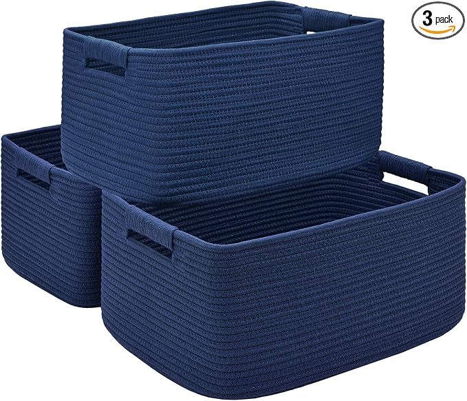 3 Pack Large Storage Basket for Organizing, 17.5"x13"x7" Woven Basket for Shelves, Closet Cube Storage Bins with Wrapped Handle, Cotton Rope Baskets for Kitchen, Clothes, Toys(Navy Blue)