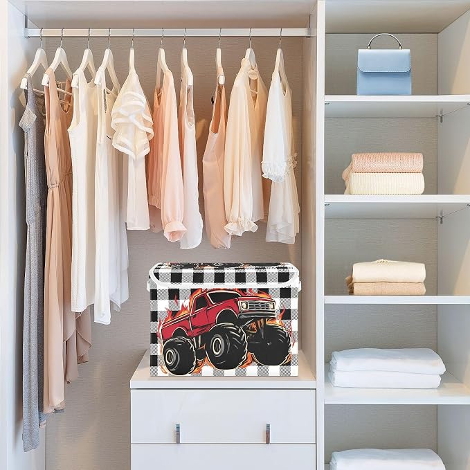 Red Truck Car Fabric Storage Bins with Lid Closet Storage Basket 40L | Decorative Storage Boxes, Foldable & Stackable, Dust-Proof Flip Top, Reinforced Handles, For Home & Dorm, Clothes & Toy Box