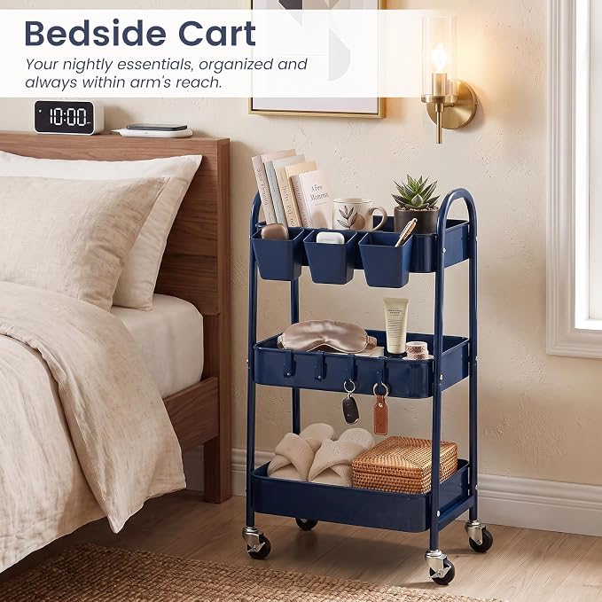 danpinera 3-Tier Rolling Cart, Utility Cart Mobile Metal Rolling Storage Cart with Lockable Wheels & Hanging Cups & Hooks for Kitchen, Bathroom, Office, Workshop, Dark Blue