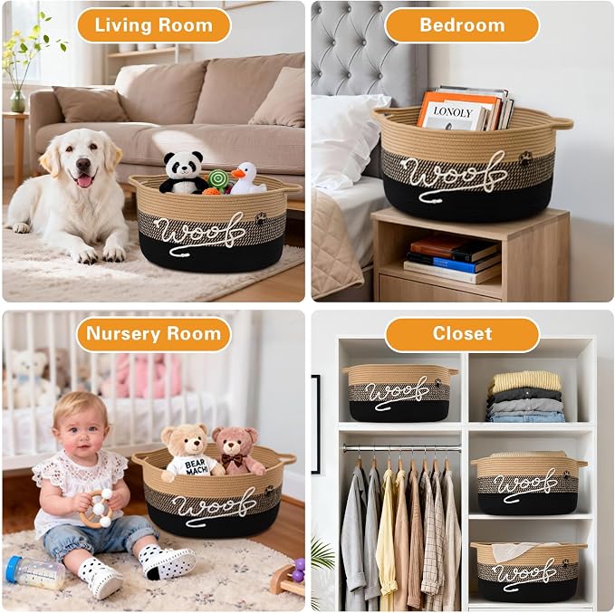 Woof Dog Toy Basket with Handles, Large Dog Toy Storage Bin with Paw Print, Woven Dog Basket for Blankets, Toys, Chews, Pet Toy Box for Nursery, Living Room, Bedroom, 20”x14”x9, Black