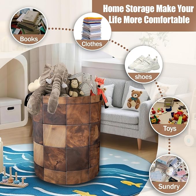 Brown Wood Squares Laundry Basket, Laundry Hamper Waterproof Oxford Cloth Tote Collapsible,Clothes Storage Bucket Decorative Toy Organizer For Bathroom Bedroom 16" x 20.8"