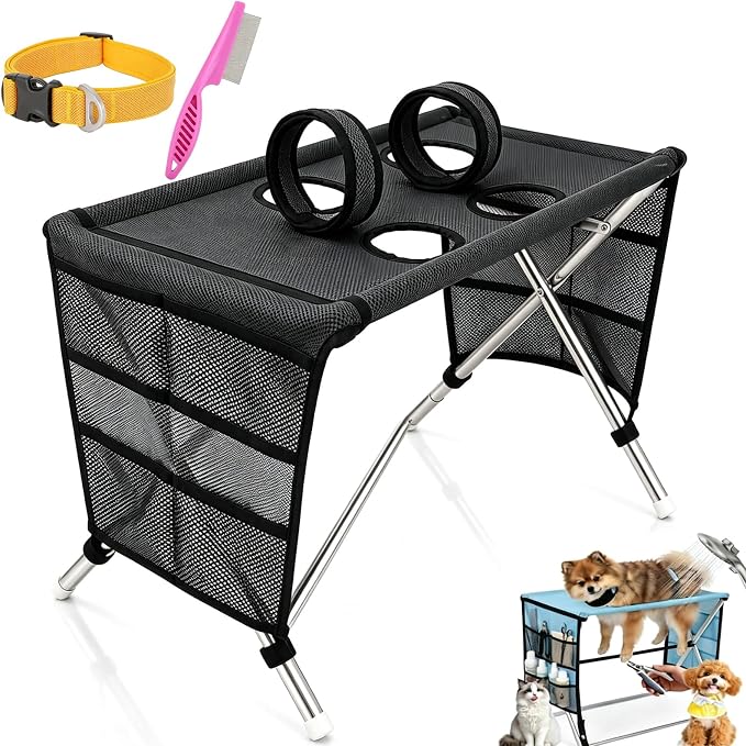 2-in-1 Foldable Pet Grooming Bed, Portable Pet Bathing Stand (Black,B) | Dog Grooming Hammock with Foldable Frame and Mesh Side Pockets, Suitable for Pet Washing Maintenance Travel Grooming