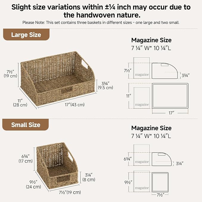 StorageWorks Seagrass Storage Baskets, Pantry Organizers and Storage,3-Pack | Pantry Storage Baskets, Wicker Baskets with Built-in Handles, Handwoven Shelf Baskets for Organizing, Pantry Organization