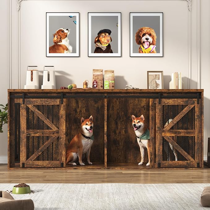 jiteentarou95In Farmhouse Dog Crate TV Stand, Wooden Dog Kennel Furniture with Sliding Metal Mesh Barn Door, Large Dog Crate Furniture for 2 Dogs, Solid Metal Tube & 2 Lockable Doors, Rustic Brown
