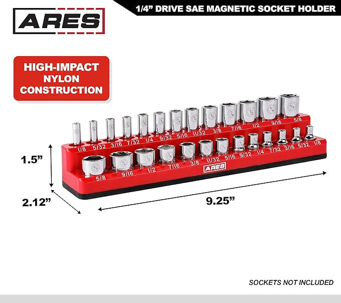 ARES 70232 26-Pc 1/4-In SAE Magnetic Socket Organizer | Part No. 70232; 13 Standard Size and 13 Deep Size Socket Holder; Keeps Your Tool Box Organized