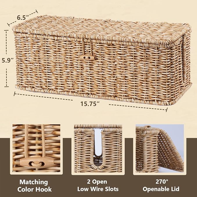 Cable Management Box, Cord Organizer with Lid & Cable Ties - Natural Large | Handmade Open Slots Cord Hider Outlet Covers for Power Strip TV PC Router Charger Under Desk Storage