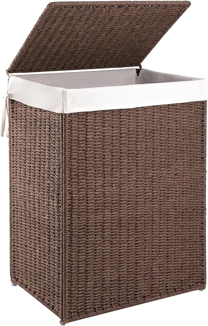 OIAHOMY Laundry Hamper with Lid, 90L(23.8 Gal) Large Wicker Laundry Basket for Bedroom, Handwoven Paper Rope Clothes Hamper with Washable Liner & Metal Frame, Decorative Organizer for Bathroom Brown