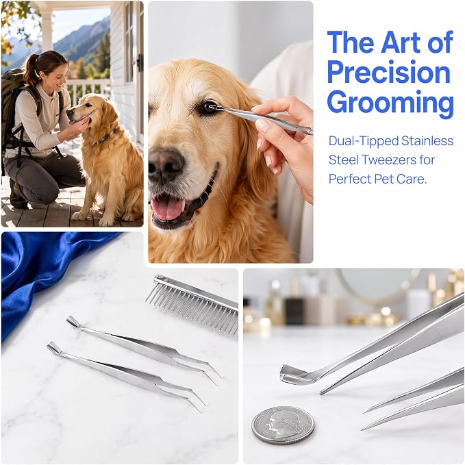 2pcs Silver 2-in-1 Pet Grooming Tweezers, Stainless Steel Dual Tip Tool | stainless steel pet grooming tweezers dual tip hand tool tick tweezer pet care travel kit 2pcs