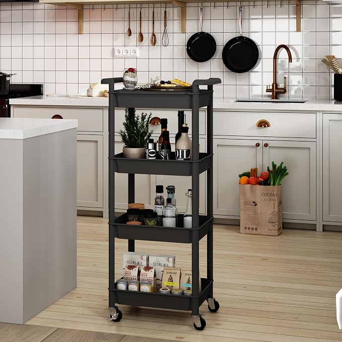 STEEHOOM 4 Tier Rolling Cart with Handle, Utility Cart with Table Top Easy Assembly Bathroom Storage Cart on Wheels for Office, Living Room, Kitchen, Craft Room, Black