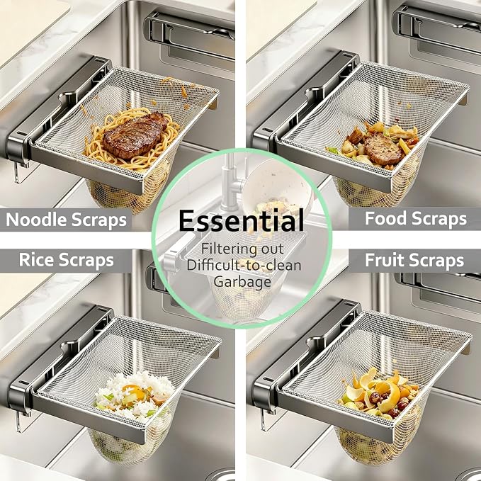 Kitchen Sink Strainer with Filter Mesh Bag, Food Waste Filter Basket, Folding Drain Strainer Catcher for Veggies, Fruits, Dishes (PET holder & metal arms)(grey)