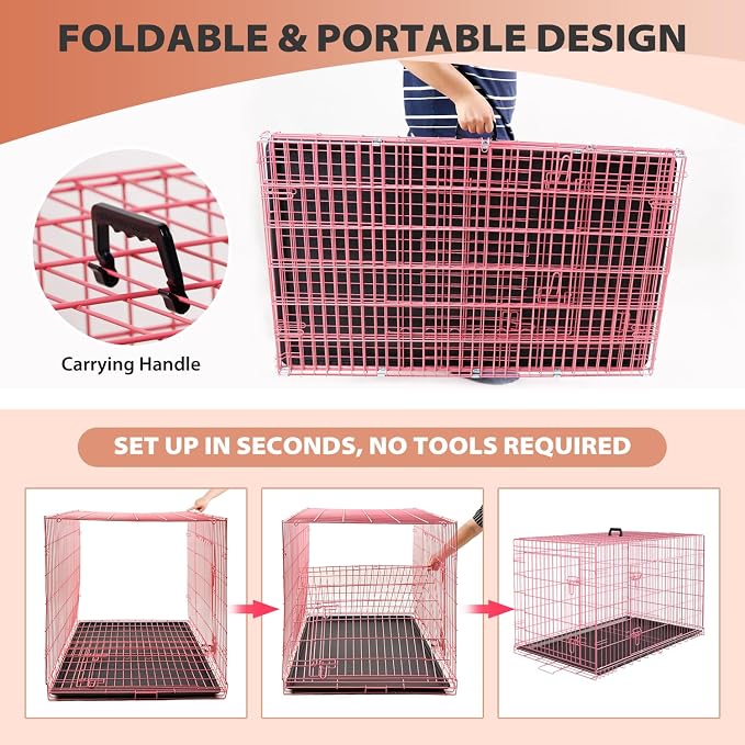 BestPet 30 Inch Dog Crates for Small Medium Dogs Folding Metal Wire Crates Dog Kennels Outdoor and Indoor Pet Dog Cage Crate with Double-Door,Divider Panel, Removable Tray and Handle,Pink