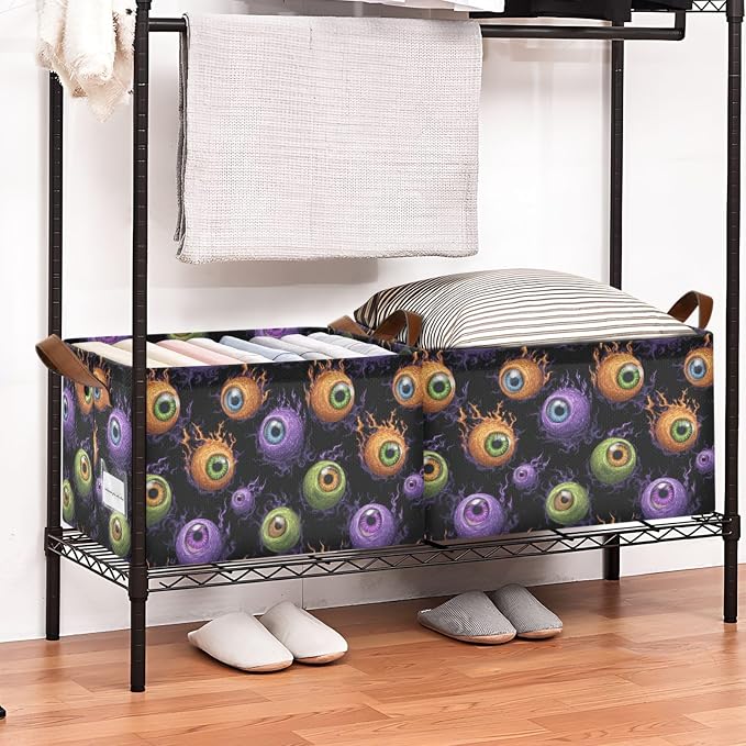 Funny Purple Green Orange Eyeball Storage Basket Foldable Cube Storage Bins with Handles&Label Waterproof Collapsible Organizer Box Bin Large Rectangle Decorative Baskets for Shelves Home Room Laundry