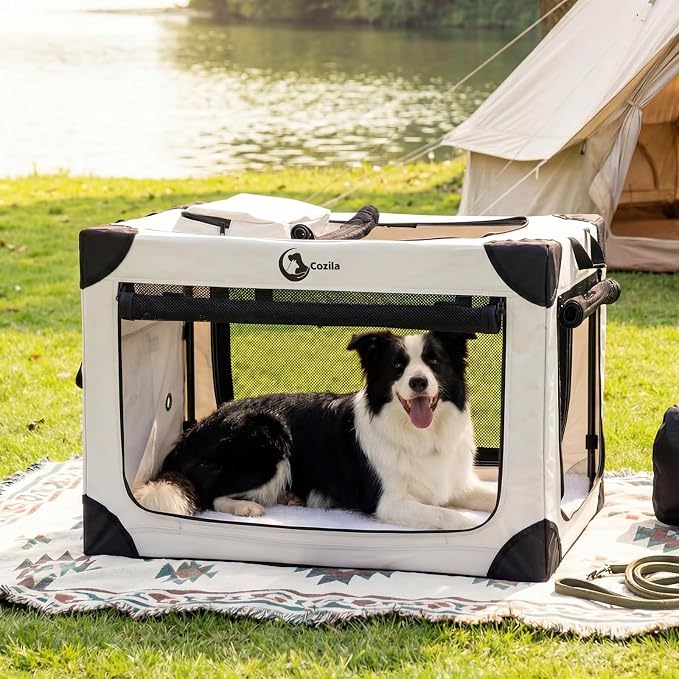 Portable Collapsible Soft Dog Crate for Large Dogs, 36in Grey | Oxford Cloth Travel Camping dog kennel with 4 Mesh Windows & 2 Storage Pockets,for Indoor & Outdoor Use